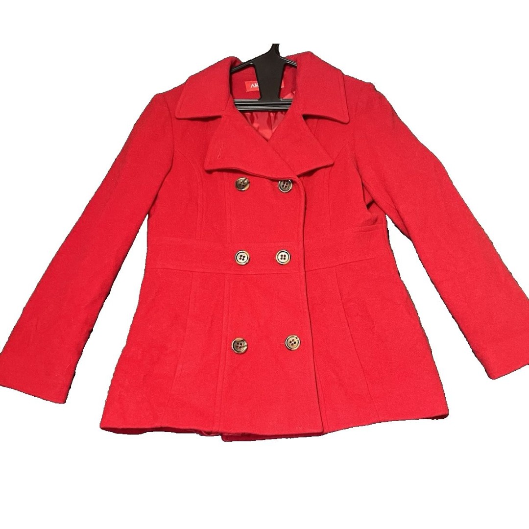 Anne Klein Pea Coat Womens Size Medium Red Wool Double Breasted Large Buttons