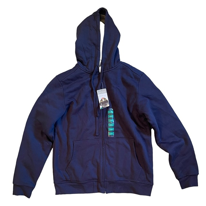 Berkley Jensen Navy Sherpa Liined full zip fleece Hoodie size Large NWT