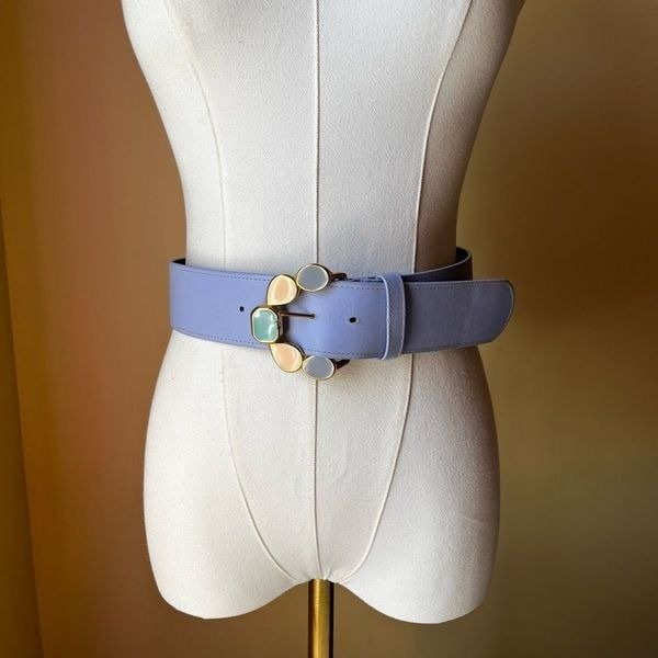 Vintage 80s Leather Waist Belt Purple Pastel Gold Enamel Buckle Boho Fairy S/M