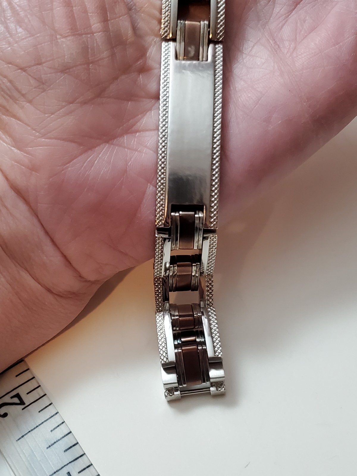 Heavy Stainless Steel Engravable watch band style Bracelet w Copper accents