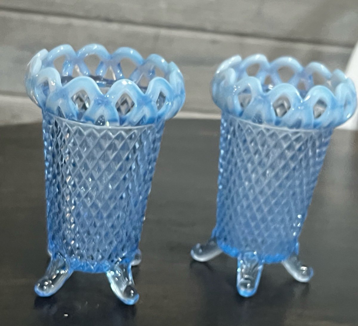 Vintage Blue Opaline UV Reactive Imperial Glass Lattice Diamond Footed Vases 2