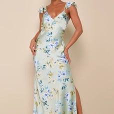 NWOT Lulus Captivating Grace Sage Green Floral Satin Ruffled Maxi Dress Large