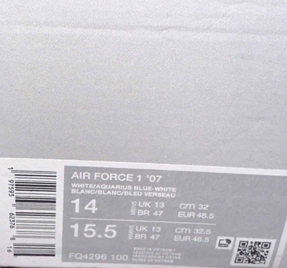 Size 14 - Nike Air Force 1 '07 White Aquarius Blue FQ4296-100 No Box Lid