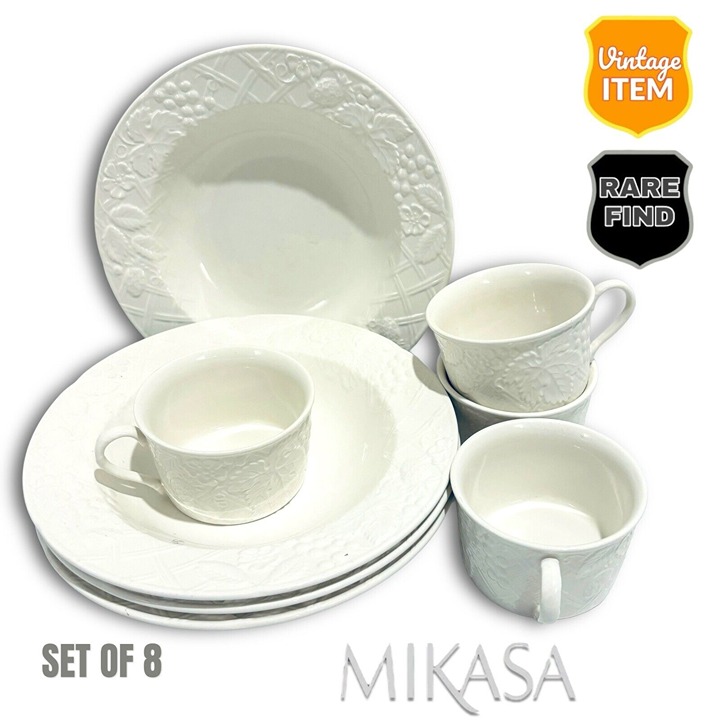 Mikasa Set of 4 English Countryside Embossed White Soup Bowls & 4 Tea Cups. RARE