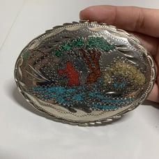 Vintage Turquoise & Coral Inlay Belt Buckle Fishing Scene Native American Logo