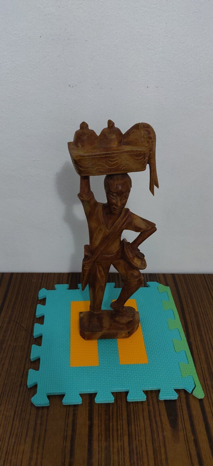 Excellent handcraft natural solid wood man person hat weapon big fish top statue