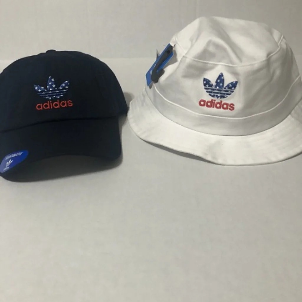 Bundle of 2 NWT Adidas Americana White Bucket Hat and Navy Adjustable Hat