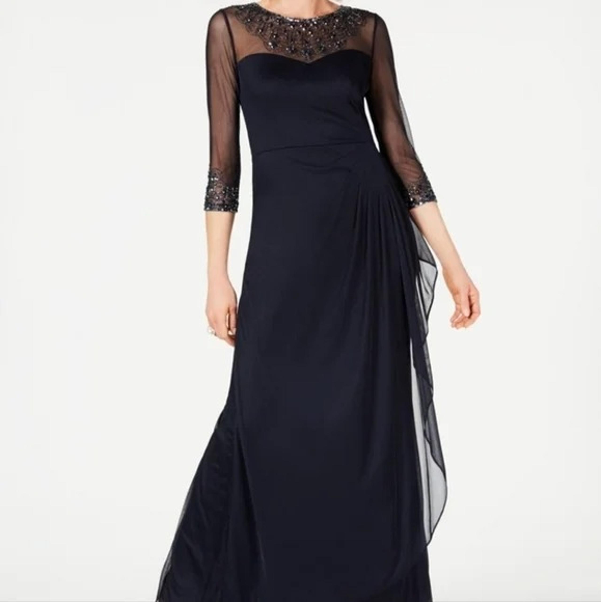 ALEX EVENINGS Women's Illusion Embellished A-Line Gown Size 10P Navy