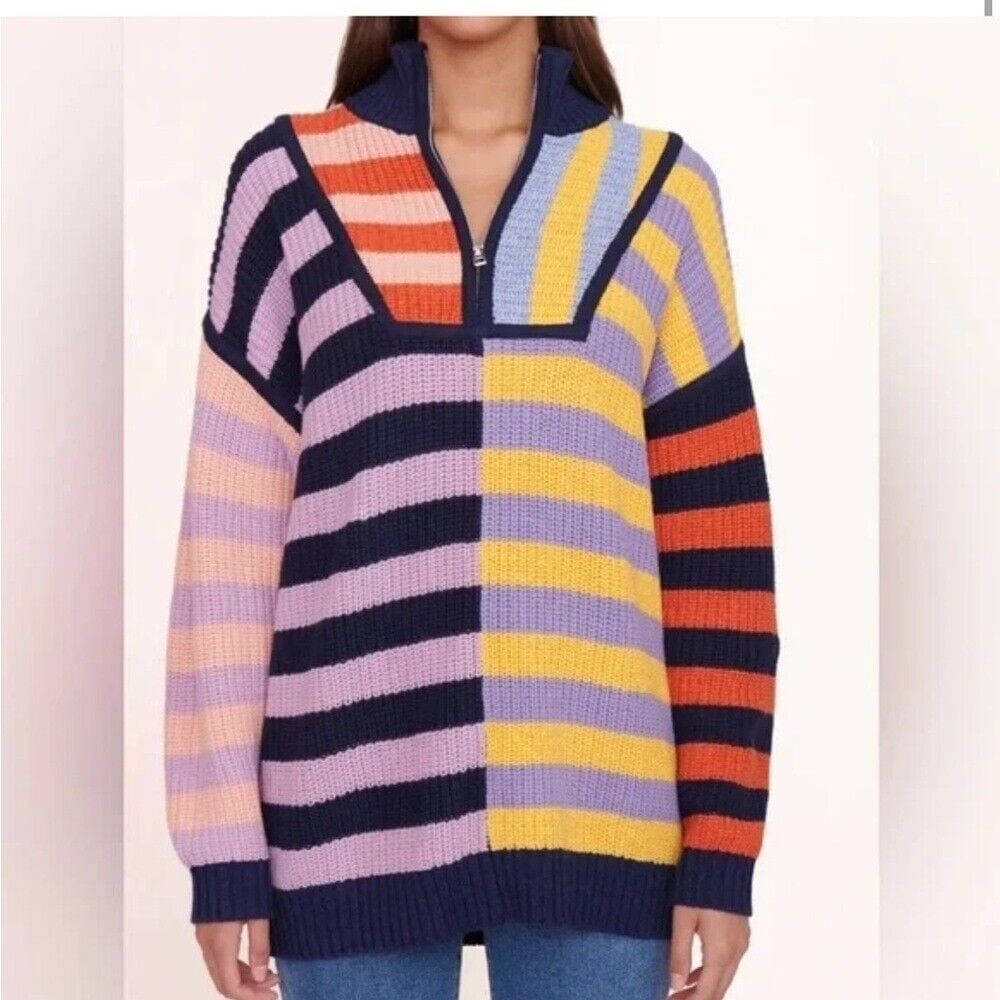 STAUD Women's Hampton Sweater in Acid Rainbow Striped Pullover Knit- Size Small