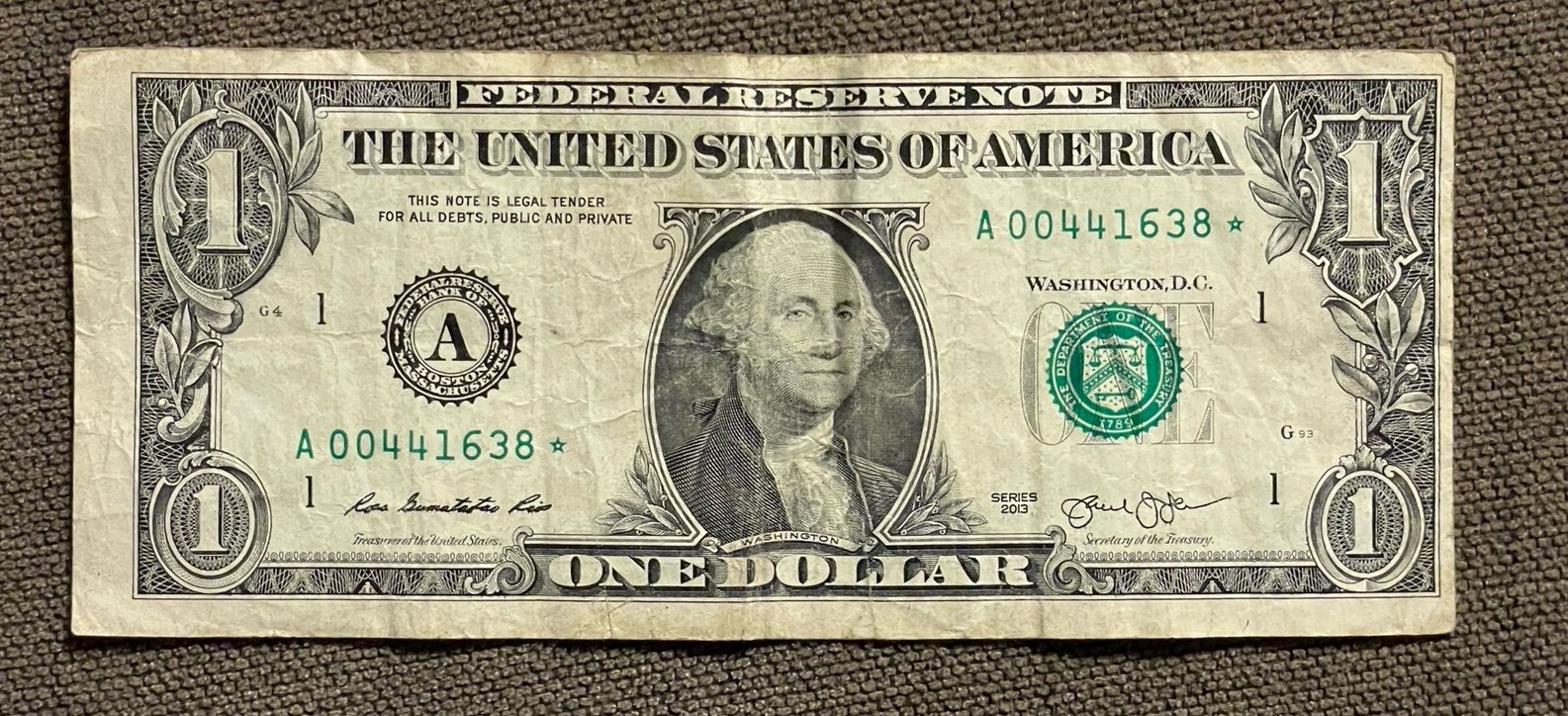 1 Star Note Series 2013 District A Print 3.2 Million One Dollar 1.00 Low Seque