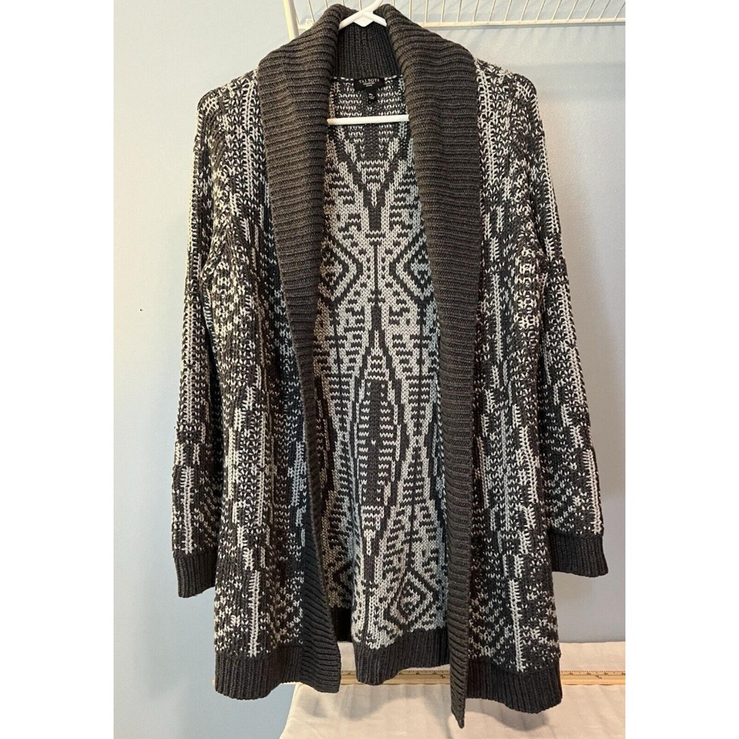 Mid Length Wool Blend Cardigan Talbots Chunky Knit Geometric Metallic Thread Med