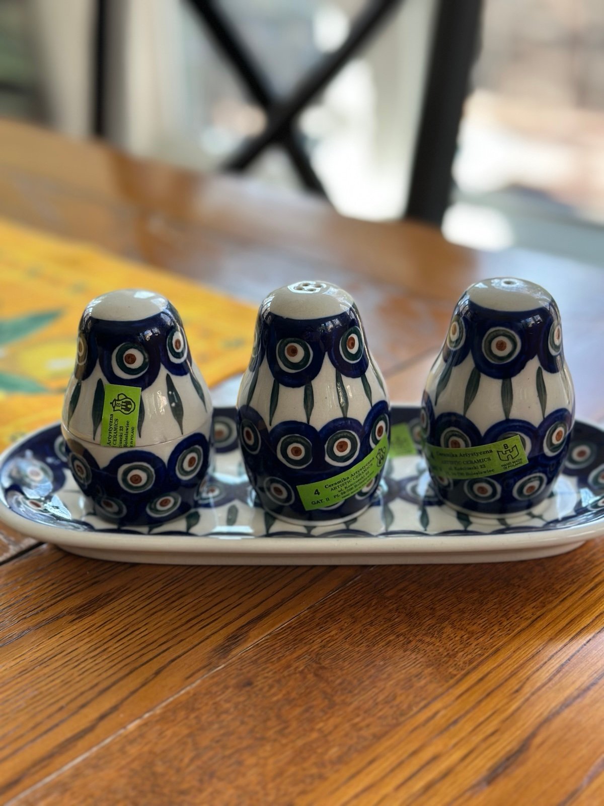 NWT * Polish Pottery Boleslawiecz Poland Salt Pepper Toothpick Tray Peacock