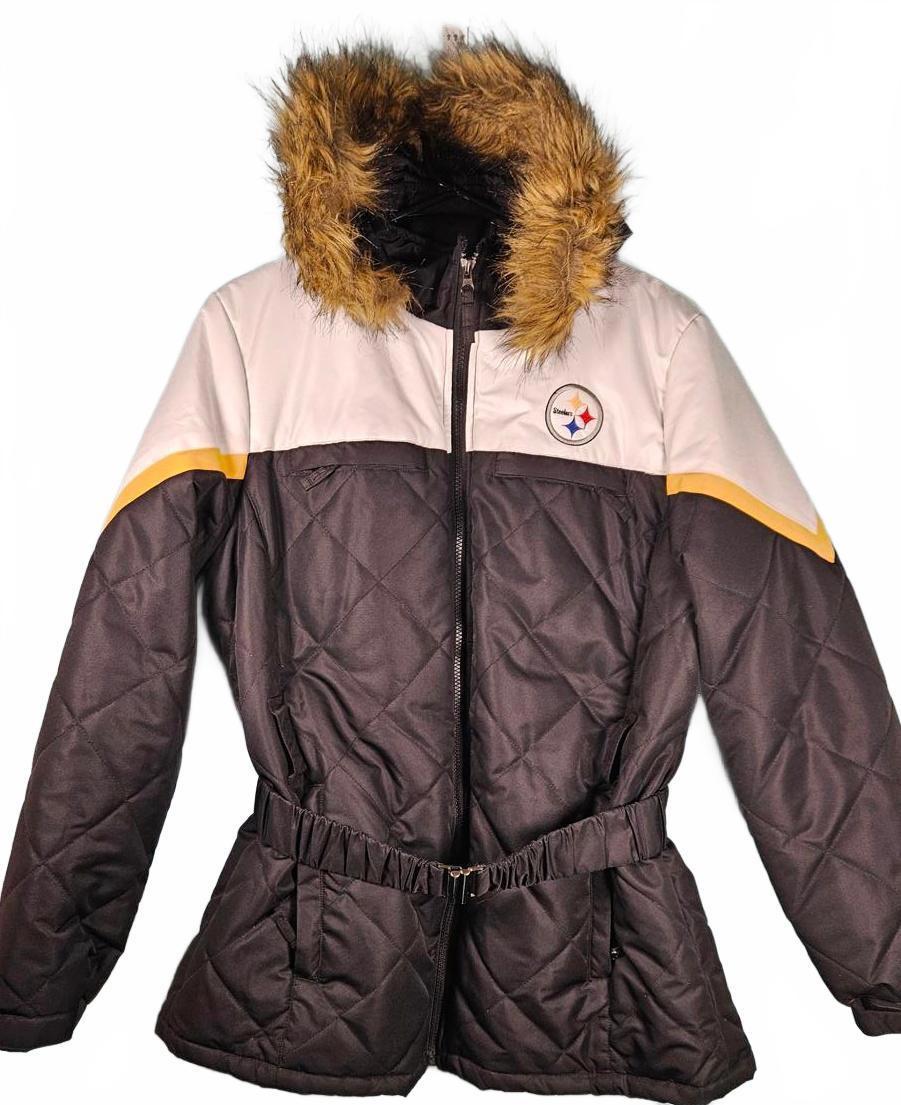 NFL Pittsburgh Steelers Women's Belted Parka with Faux Fur Hood Size XL
