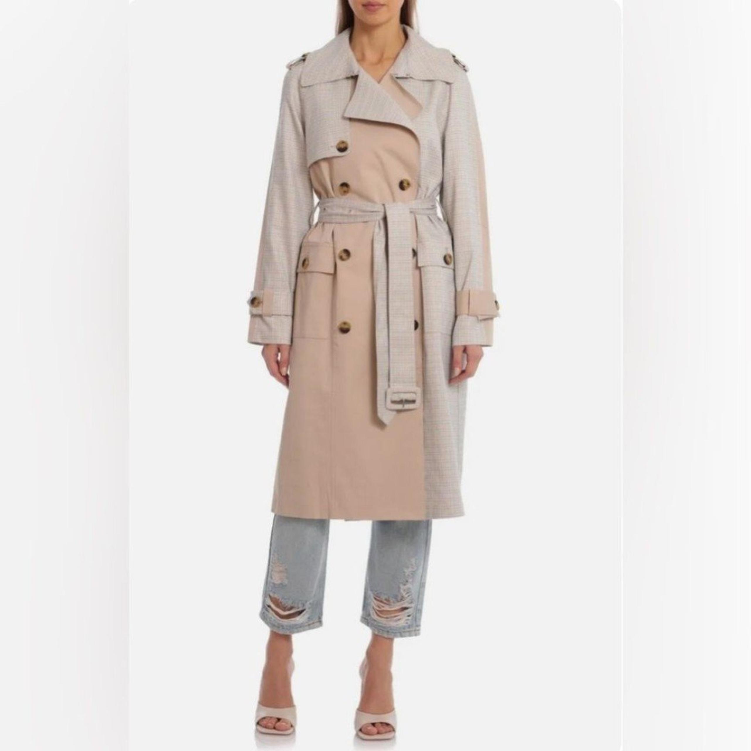 Avec Les Filles Khaki and Plaid Belted Trench Coat size Medium NWT