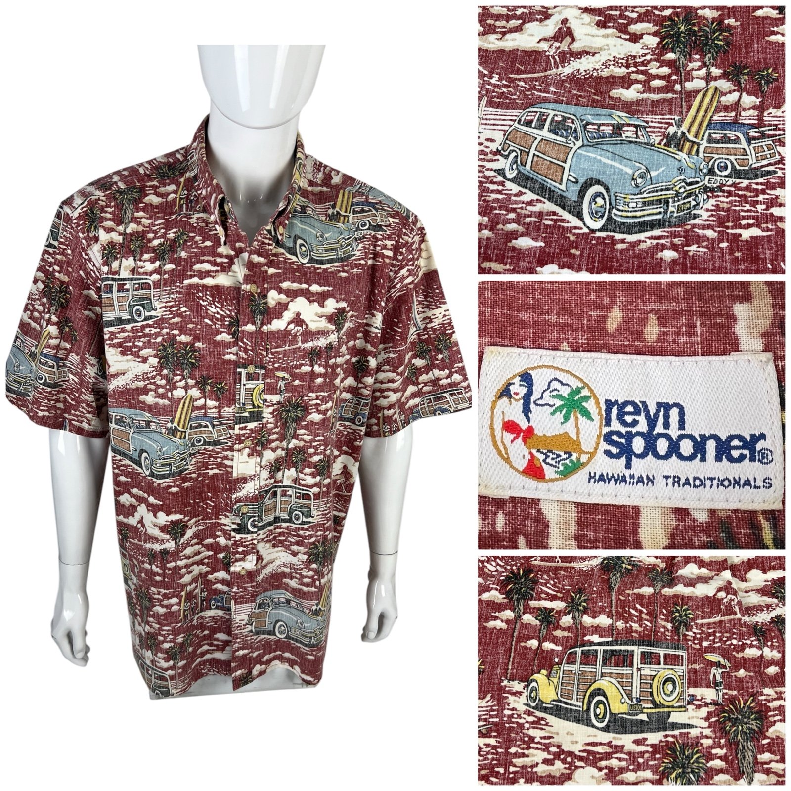 Reyn Spooner Mens 2XL Hawaiian Shirt Reverse Print Vintage Red Marron Floral