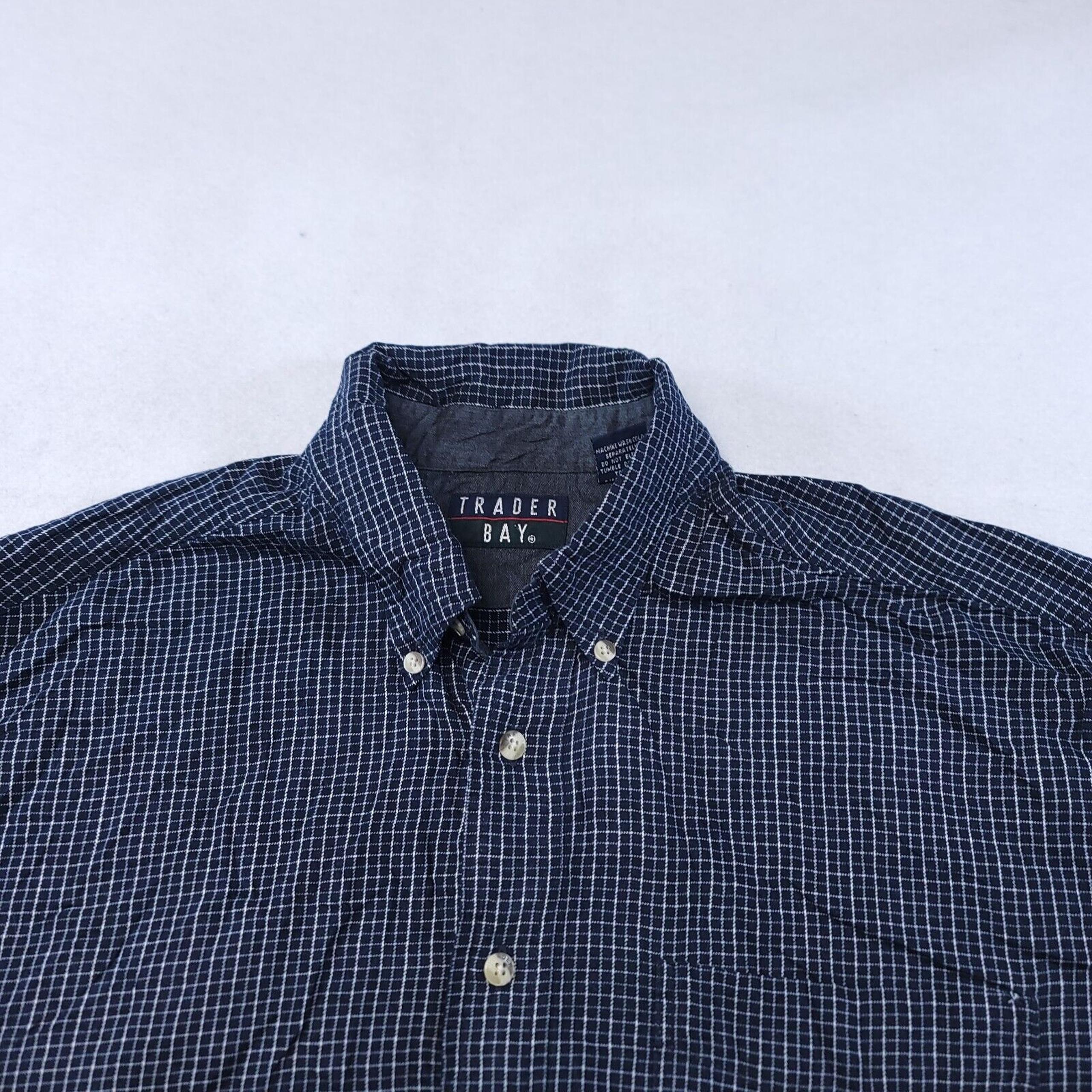 Trader Bay Windowpane Flannel Button Up Shirt Mens Size Large L Blue White