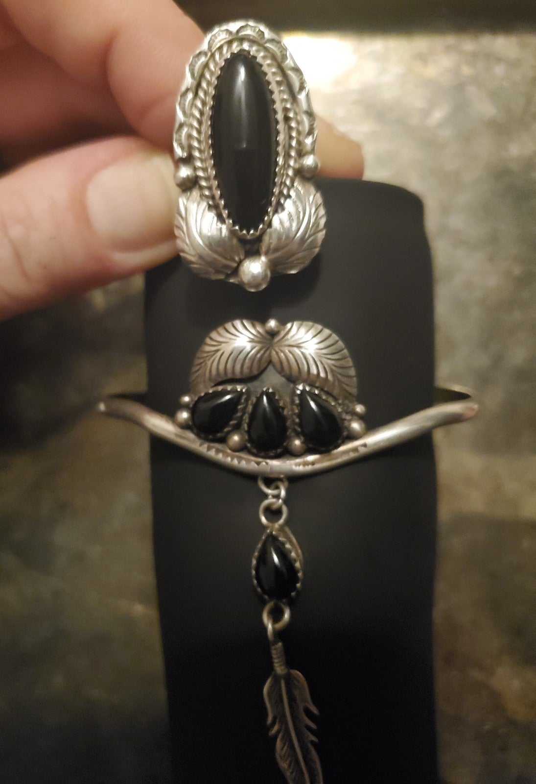 Vintage sterling onyx cuff and ring signed