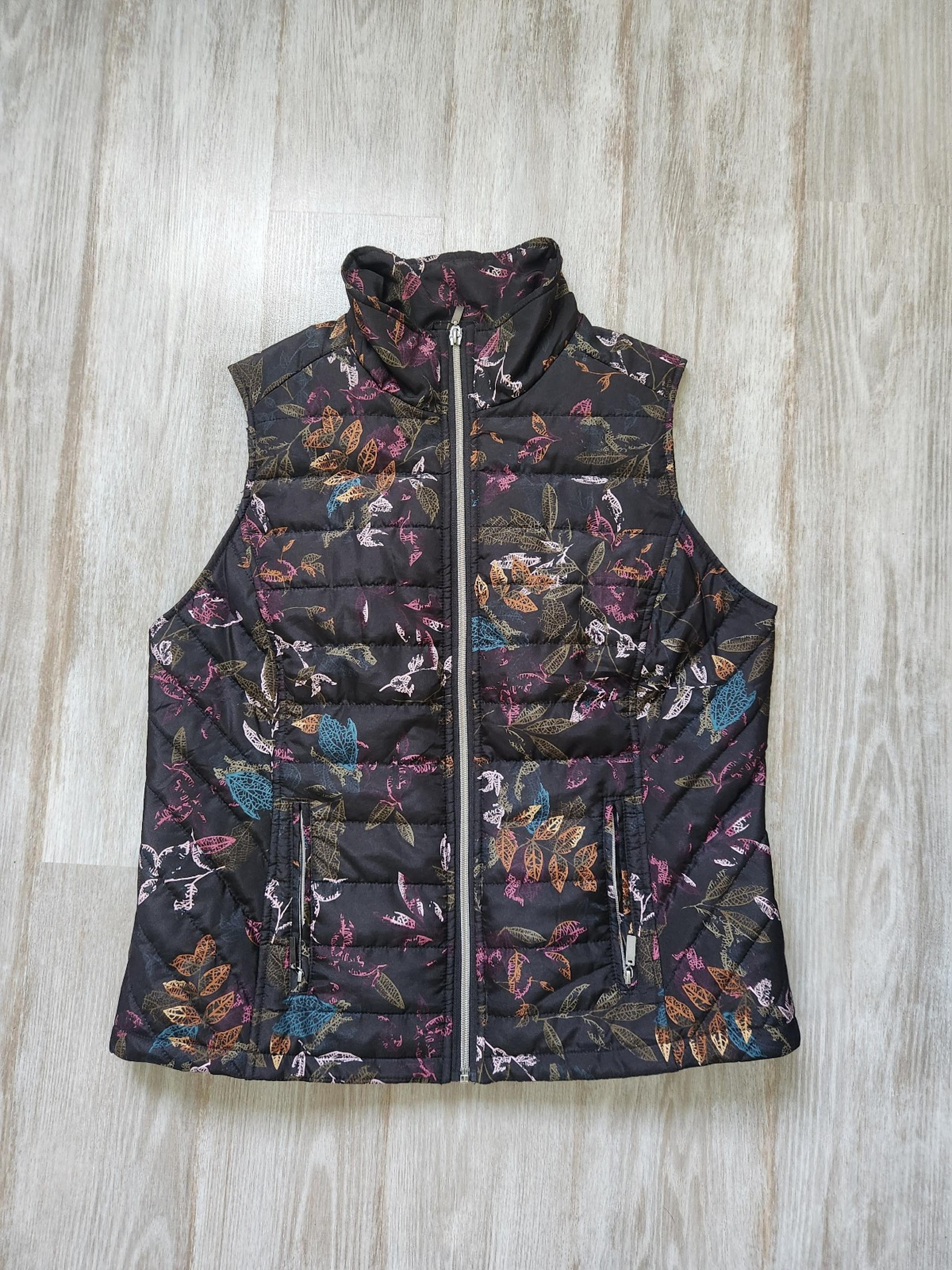 Christopher & Banks Black Floral Quilted Full Zip Vest Pockets Lightweight Sz M