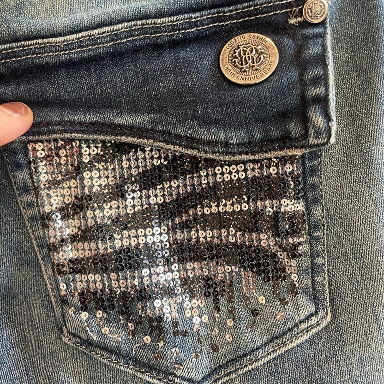 Roberto Cavalli 40th Anniversary Wide Leg Mid Rise Size 46 Sequin Pockets Jeans