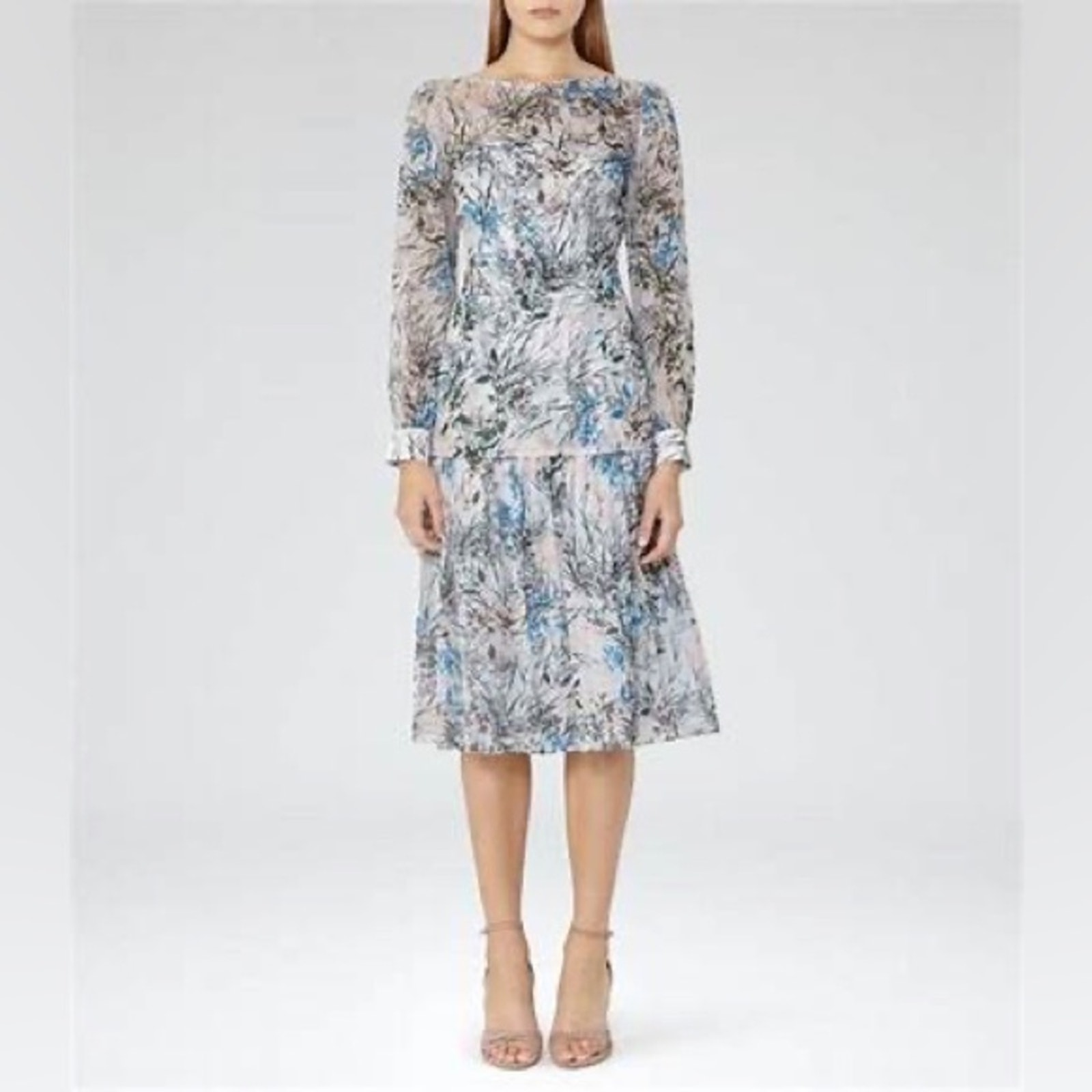 REISS Nyla Gray Blue Floral Long Sleeve Sheer Midi Dress Size 4