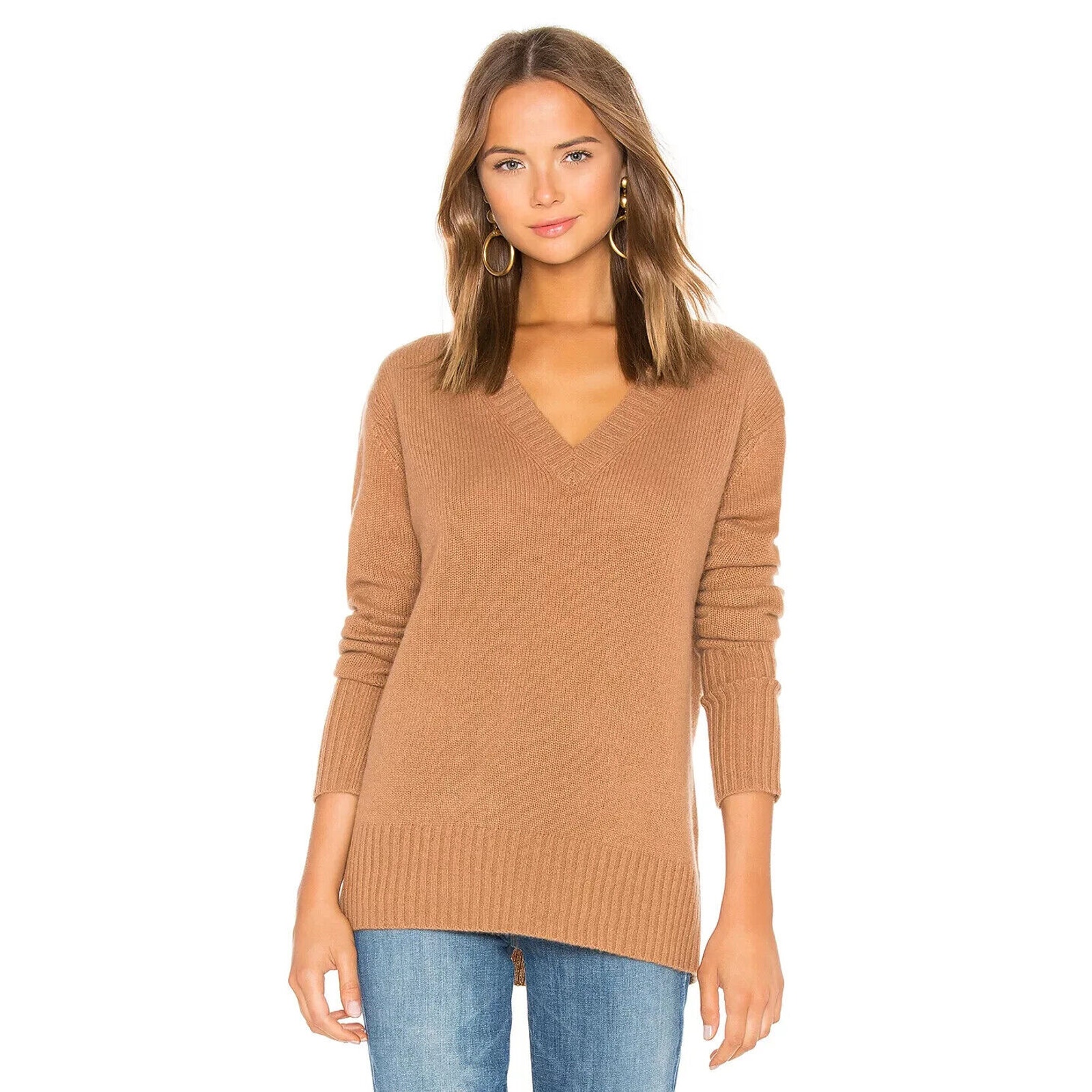 360 Cashmere Runa V Neck Cashmere Sweater Pullover Vicuna Camel Brown Tan S