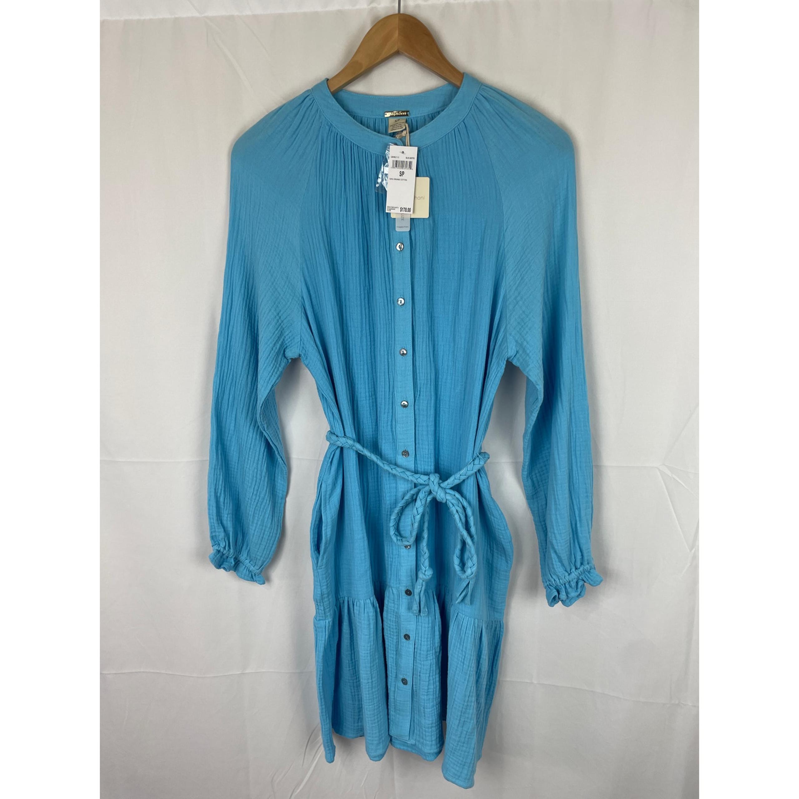 Magaschoni Womens 100% Organic Cotton Gauze Blue Grotto Belted Midi Dress Size S