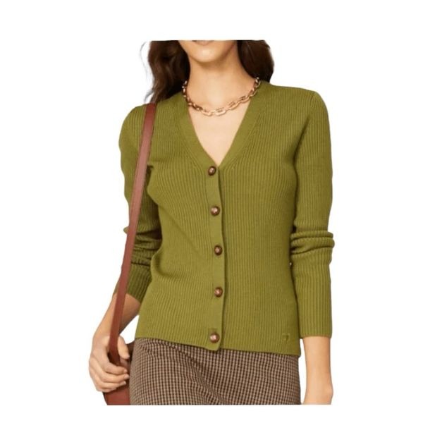 Tory Burch Simone Ribbed Knit Cardigan Sweater Olive Green Wool Long Sleeve Sz P