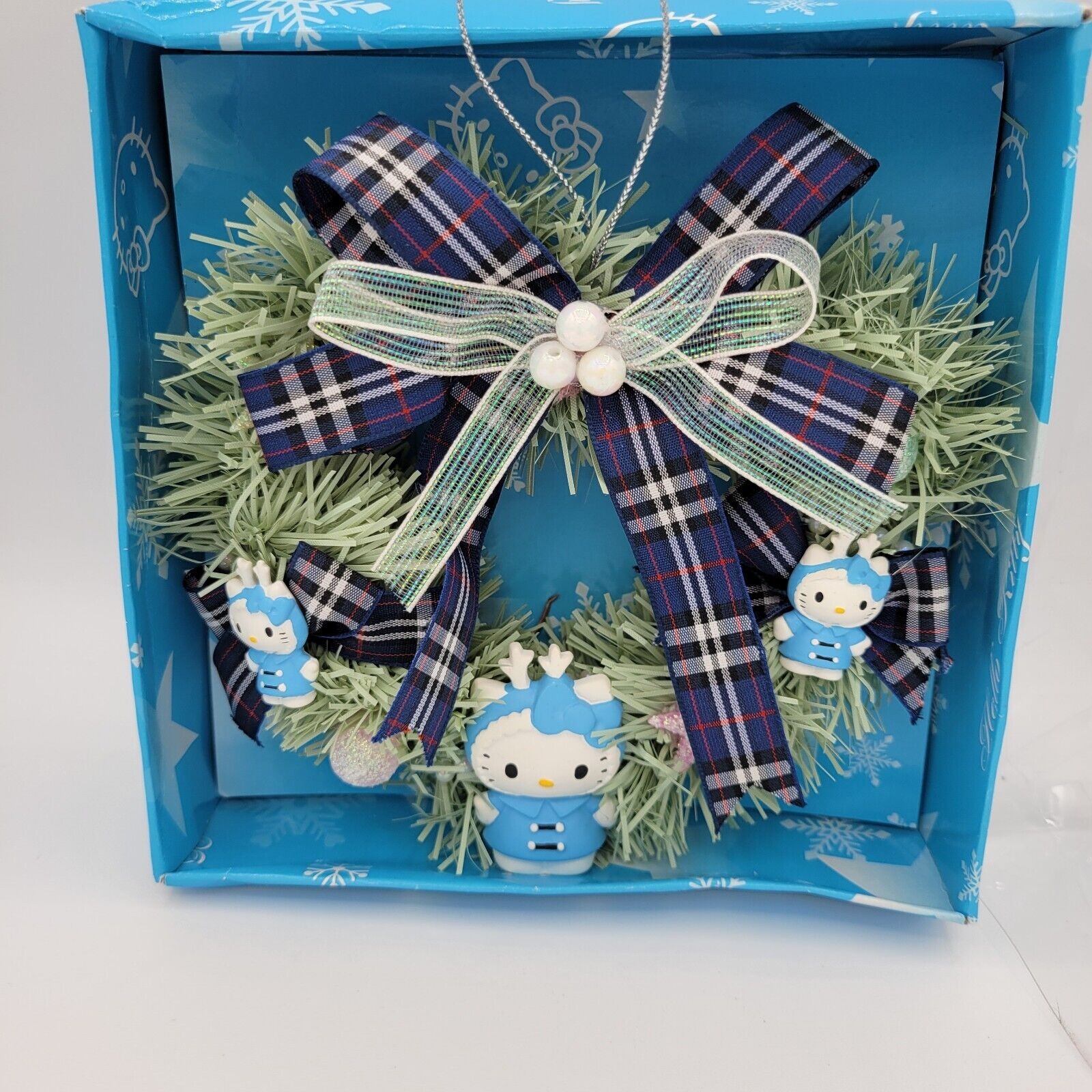 Hello Kitty Heart Wreath Christmas Ornament Sanrio 3 Blue Hello Kitties Vintage