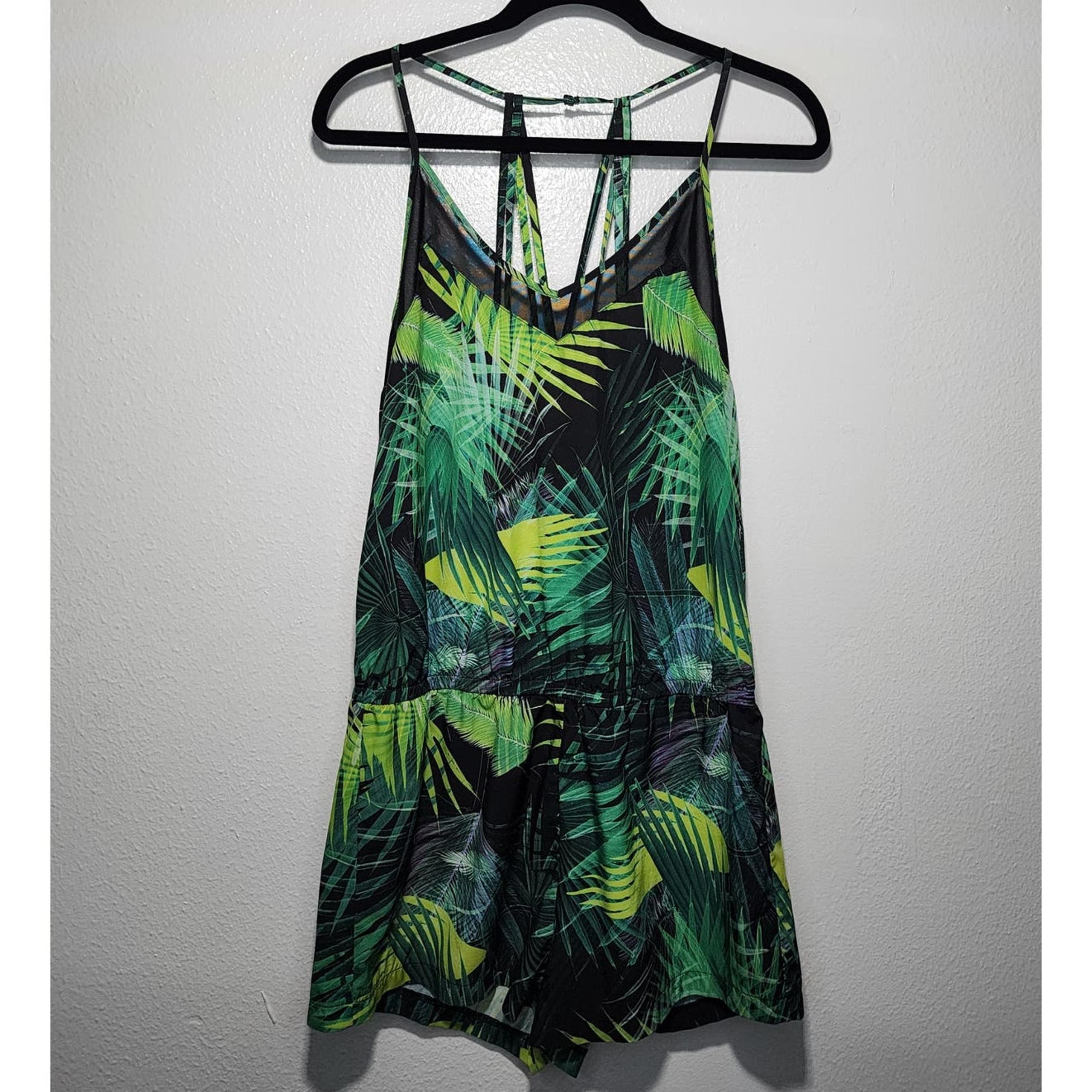 Fabletics Dash Romper Tropical Rainforest Strappy Mesh Palm Leaf Print
