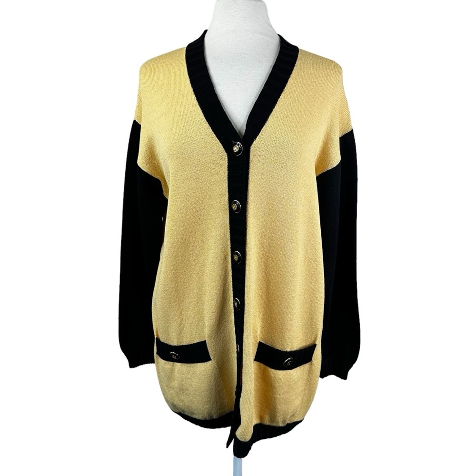 St. John Cardigan Womens Medium Yellow Black Santana Knit Button Front Sweater