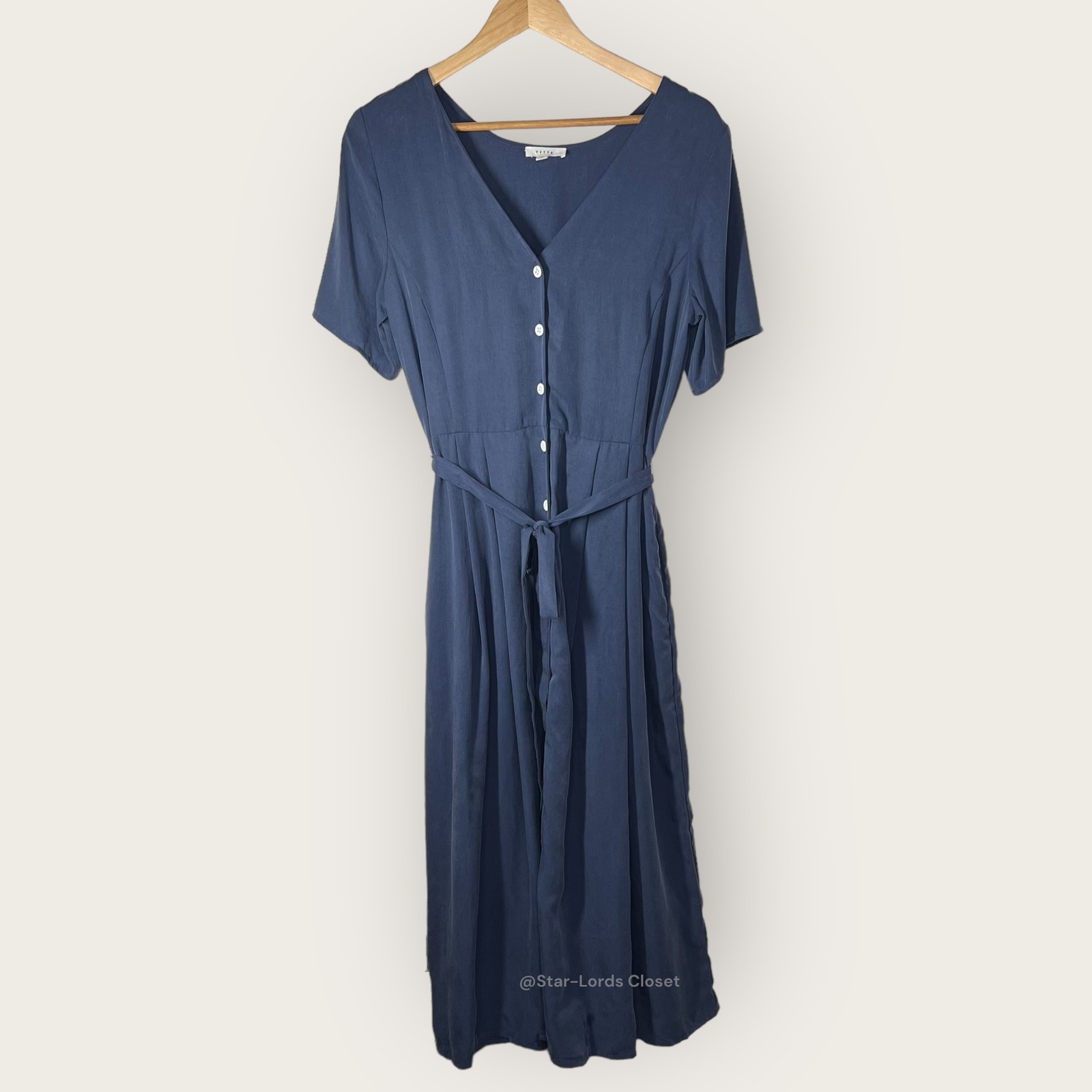 Vetta Capsule Button Up Midi Dress | Medium | Navy Blue Tencel Flowy Pockets