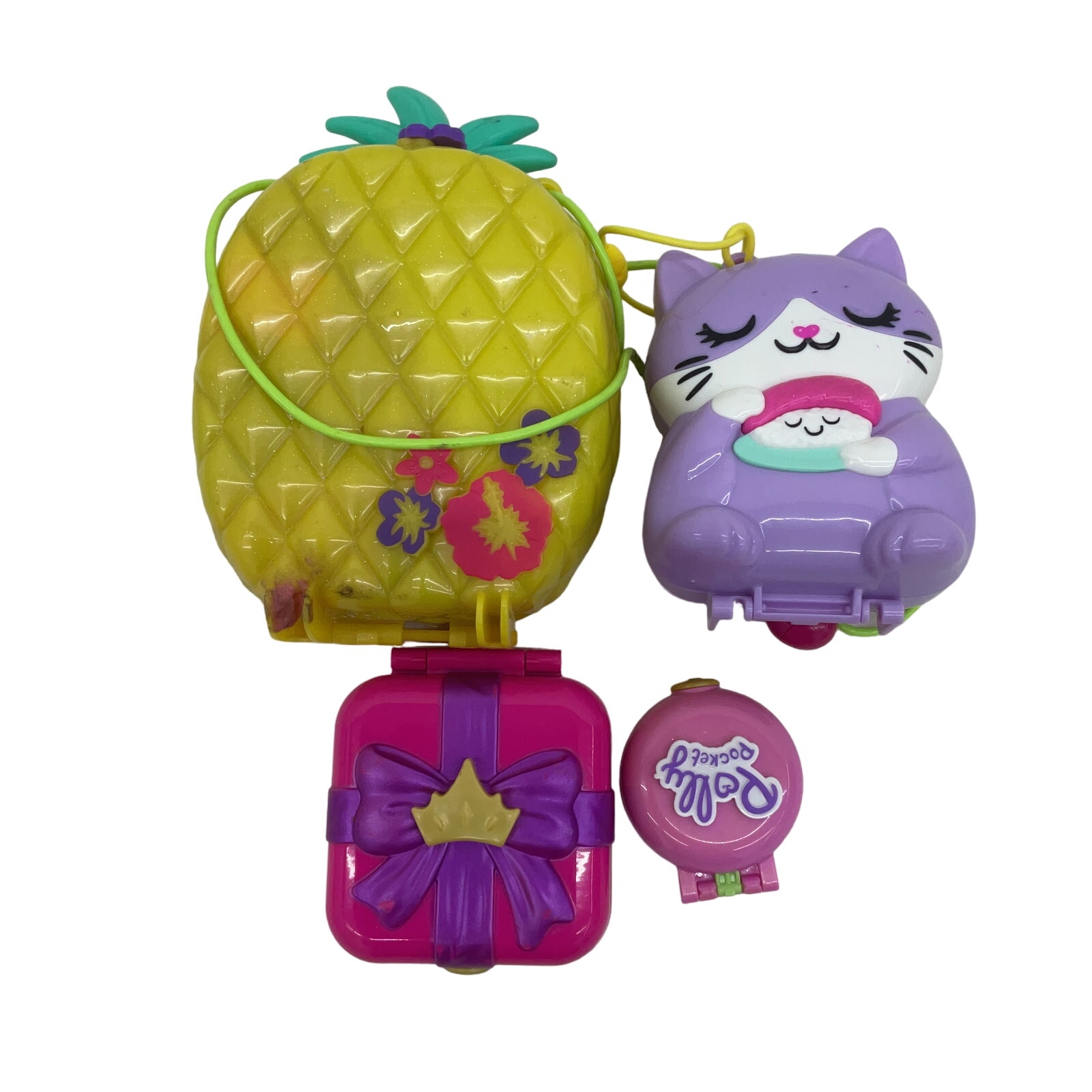 Preowned Polly Pocket Doll Playsets LOT Yellow Pineapple Kitty Cat Gift Cases