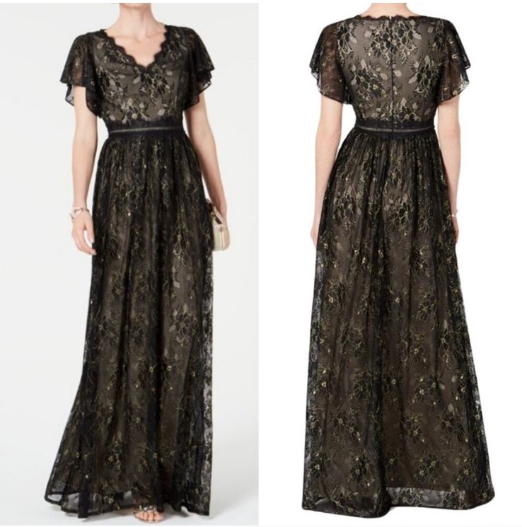 Adrianna Papell Floral Lace Maxi Dress Black Gold Wedding Guest Whimsigoth 14