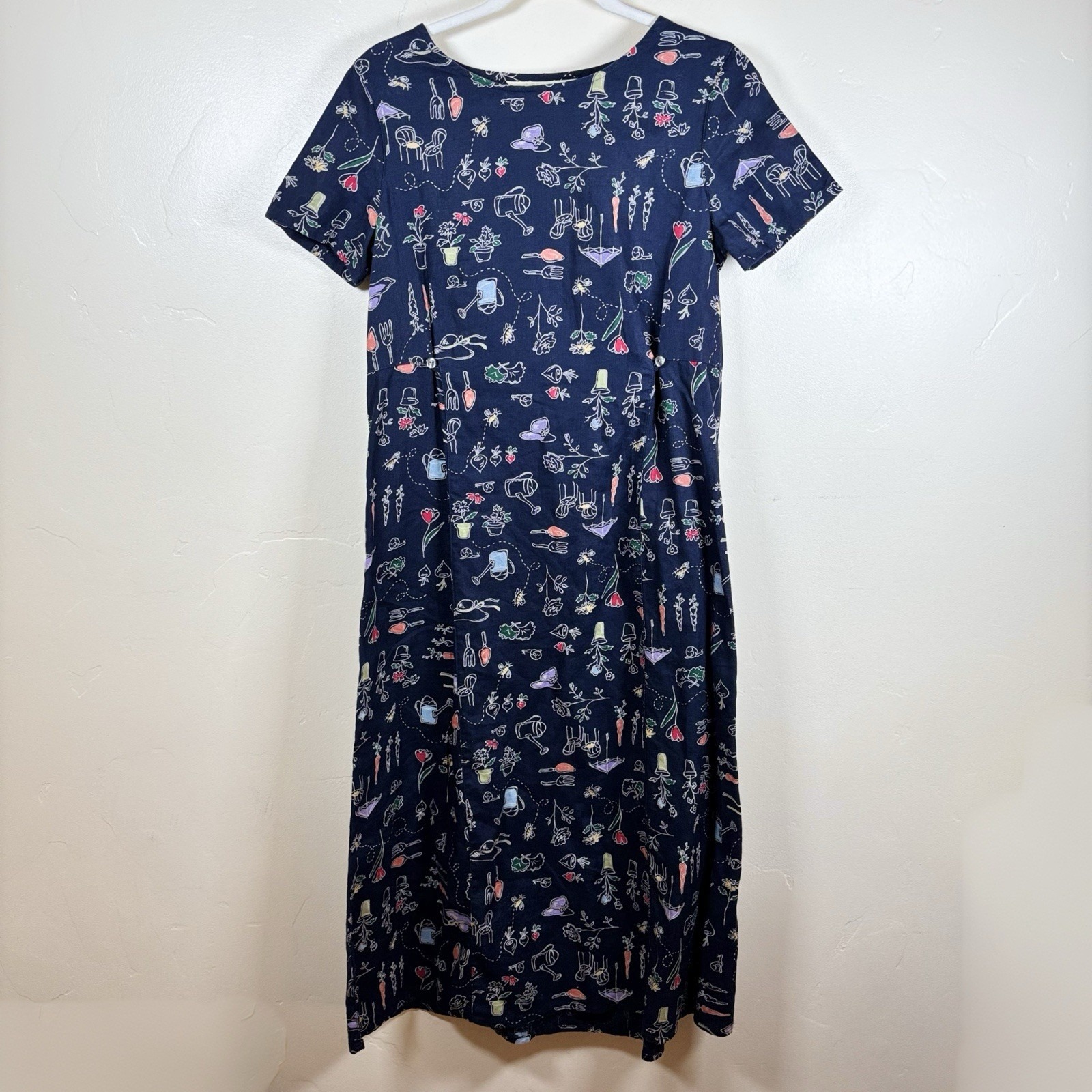 VTG Eddie Bauer 100% Linen Navy Gardening Maxi Sun Dress Sz XS-P Cottagecore