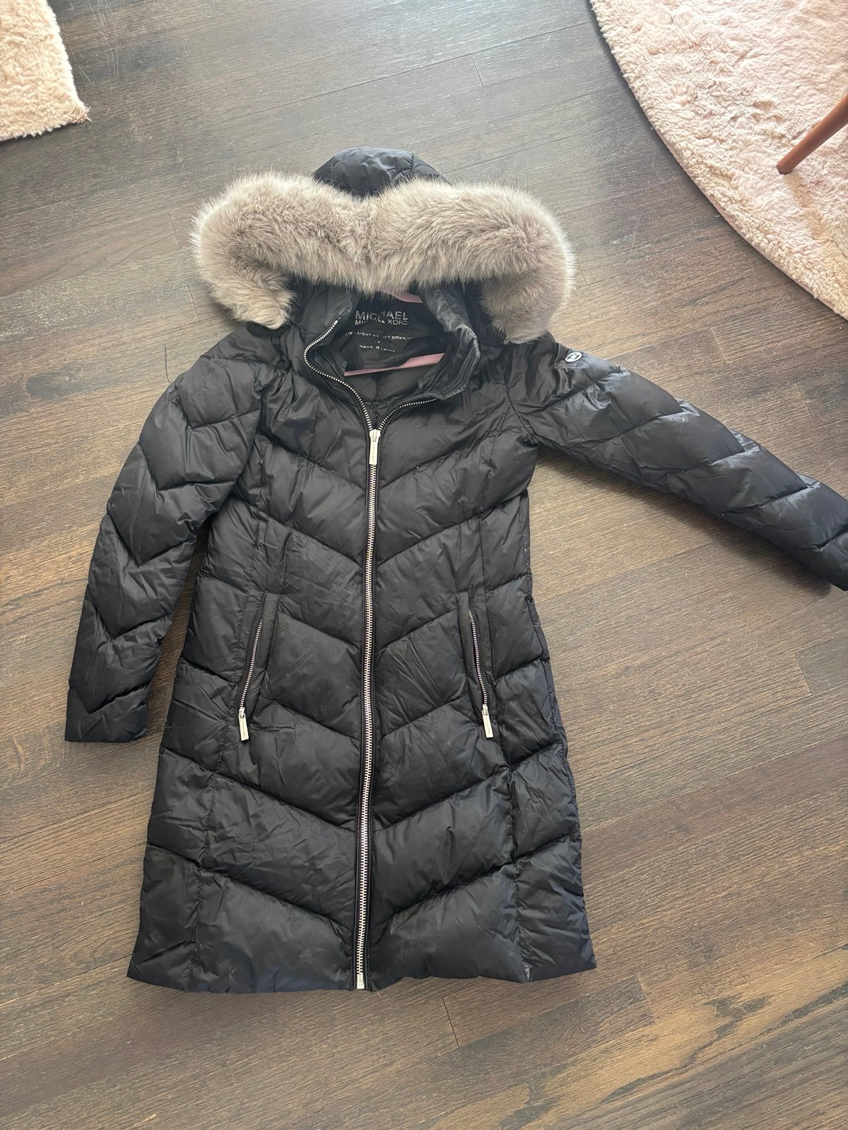 Michael Kors Black Puffer Long Coat with Fur Trim