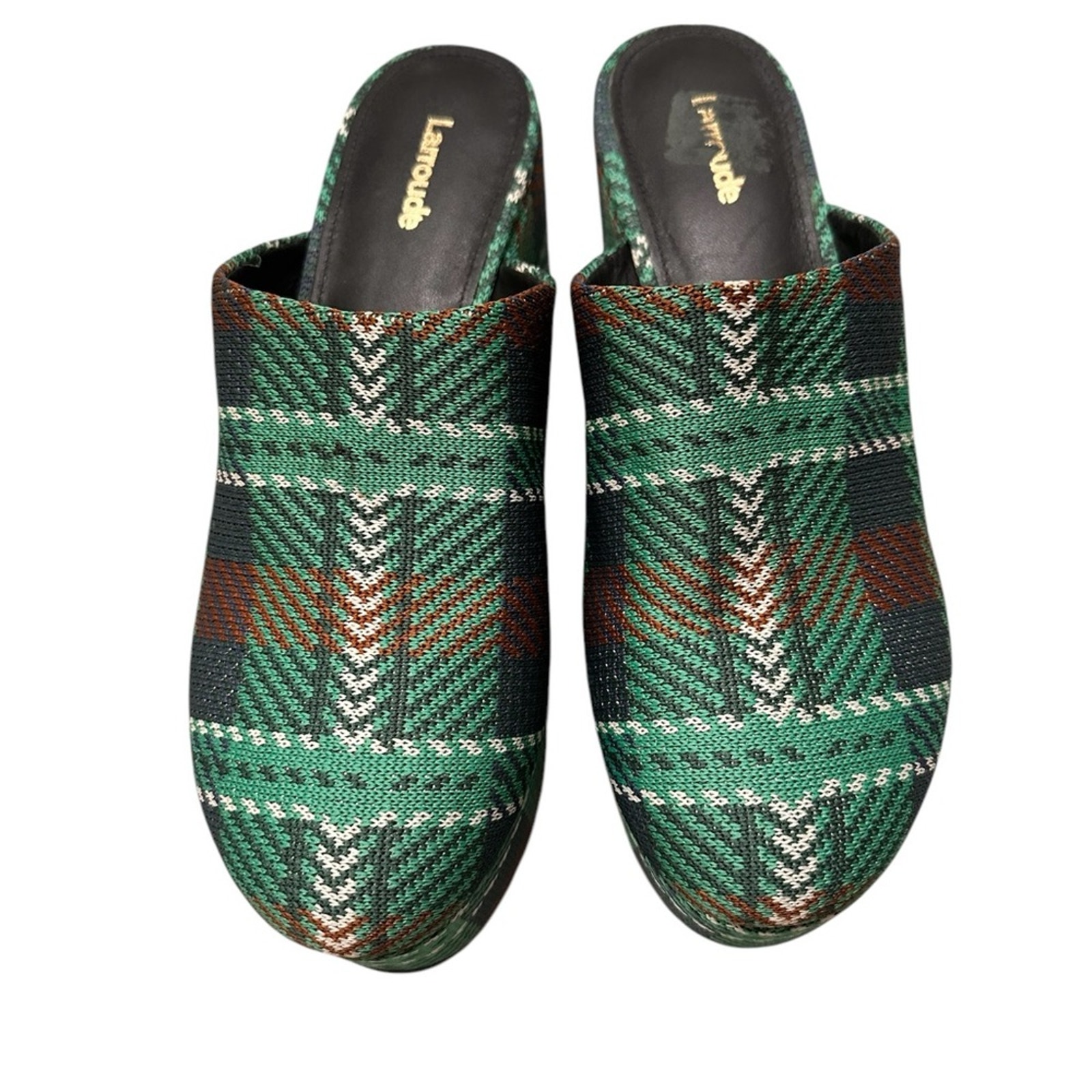 REVOLVE NWOT Larroude Miso Tartan Platform Clogs Green White Brown, size 9