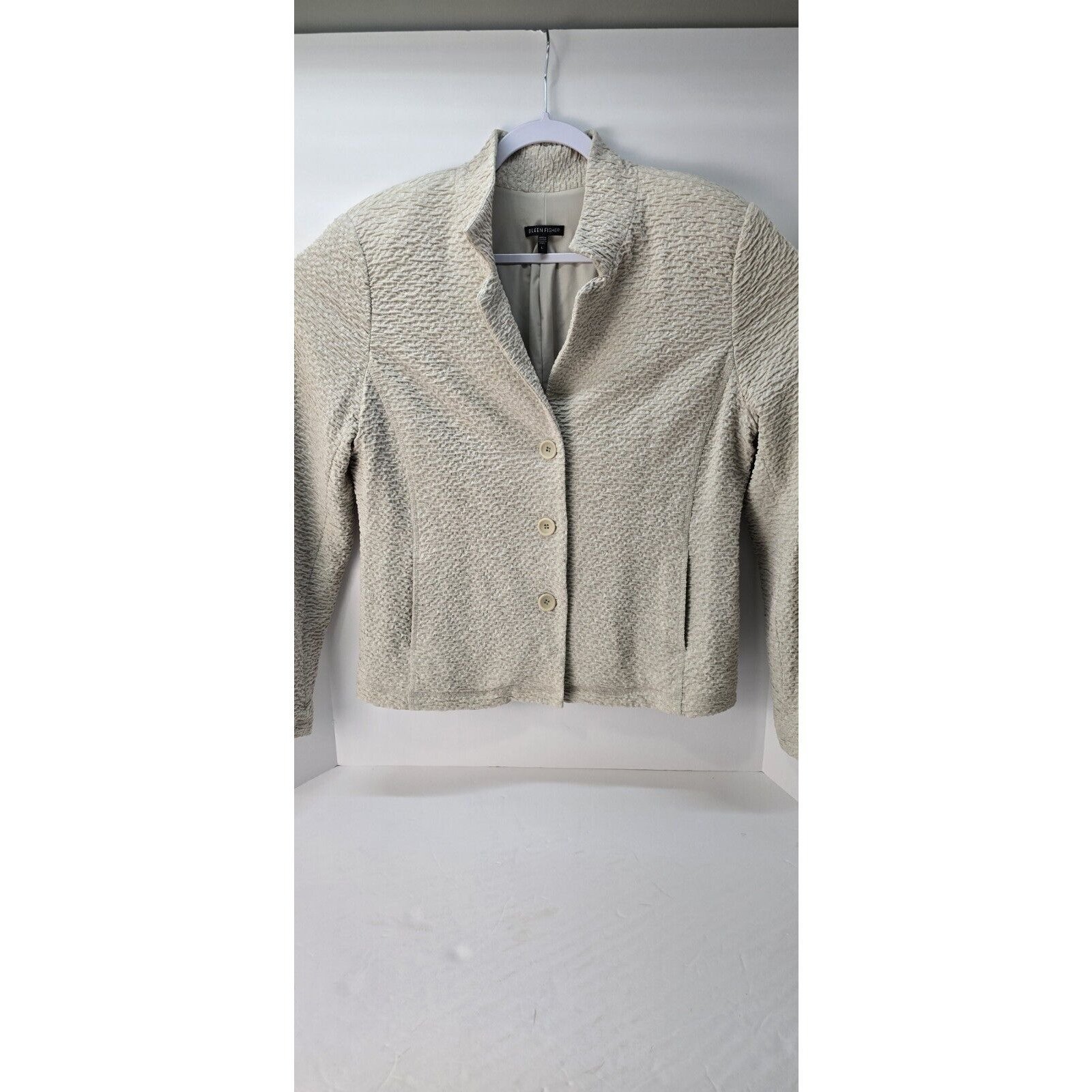 Eileen Fisher Jacket Womens Large Tan Metallic Blend Crepe Button Front