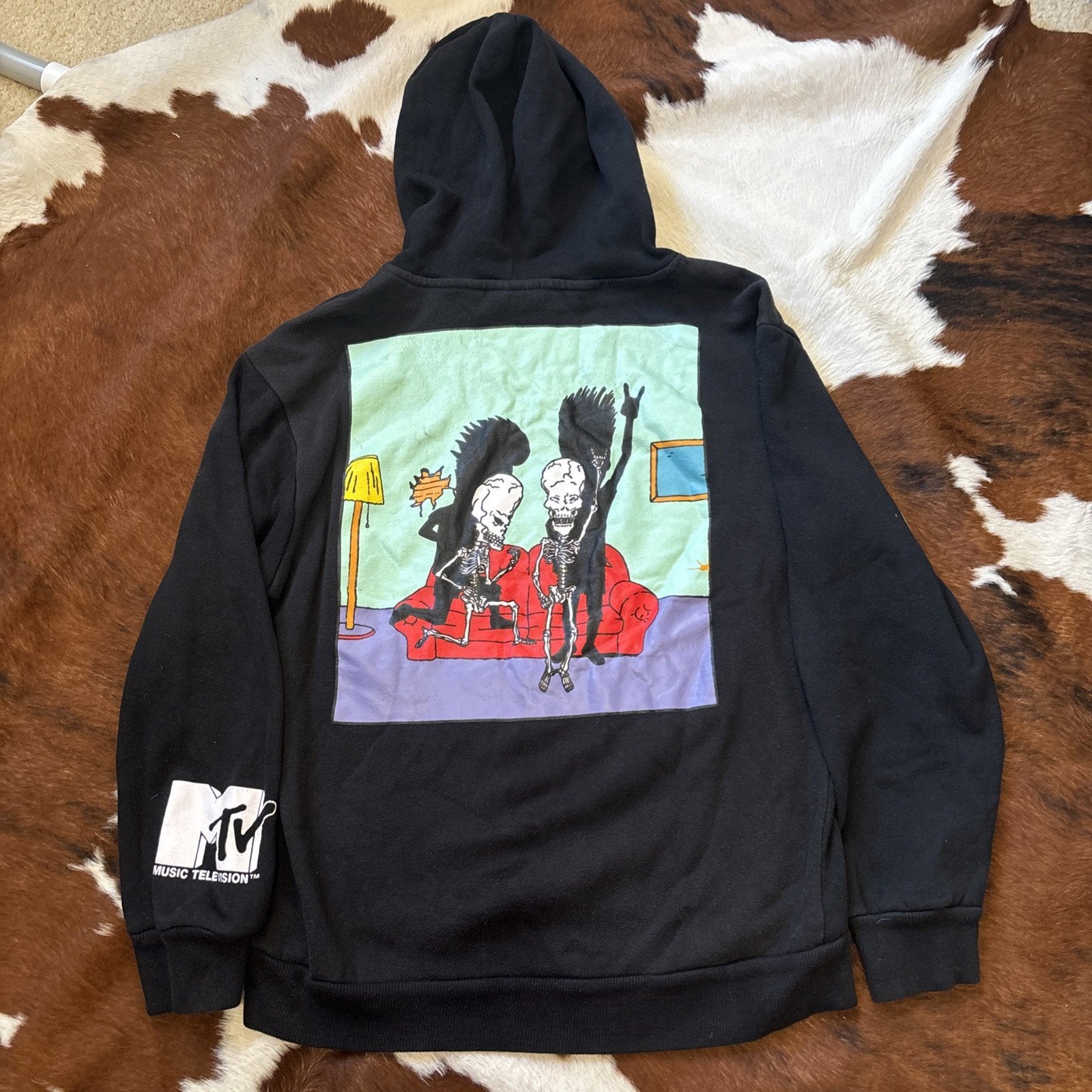 Super Dope Beavis And Butthead Rock out Skeletons MTV Hoodie Black Size Medium