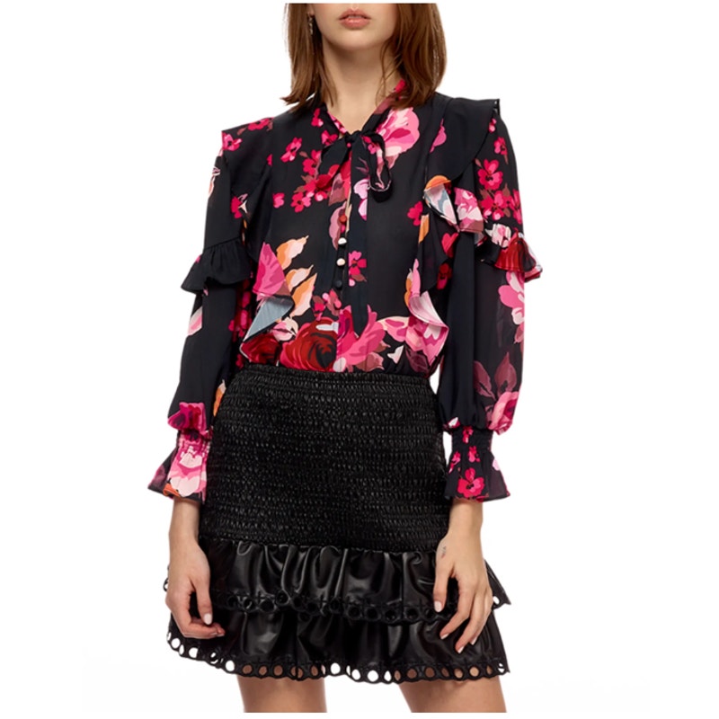 NWT Stellah Tie-Neck Ruffle Long Sleeve Blouse, Pink Autumn Floral, Large, 225