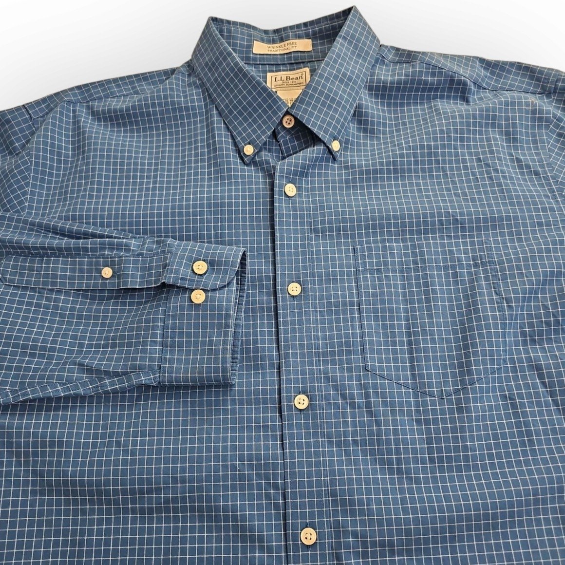 LL Bean Wrinkle Free Traditional Fit XL-Reg Blue Window Pane Check Long Sleeve