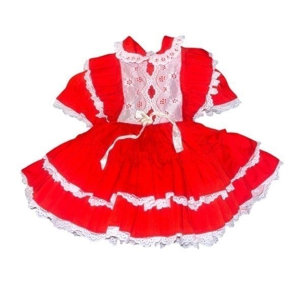 Vintage Betty Oden Red White Full Circle Layered Ruffle Dress USA MADE Size 2