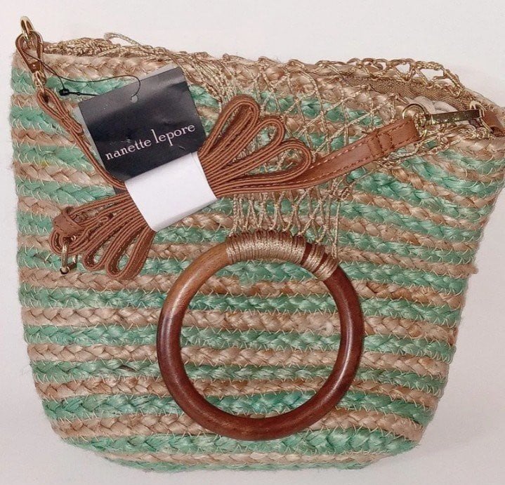 Designer Nanette Lepore Clementine Jute Bucket seafoam crossbody Shoulder Bag