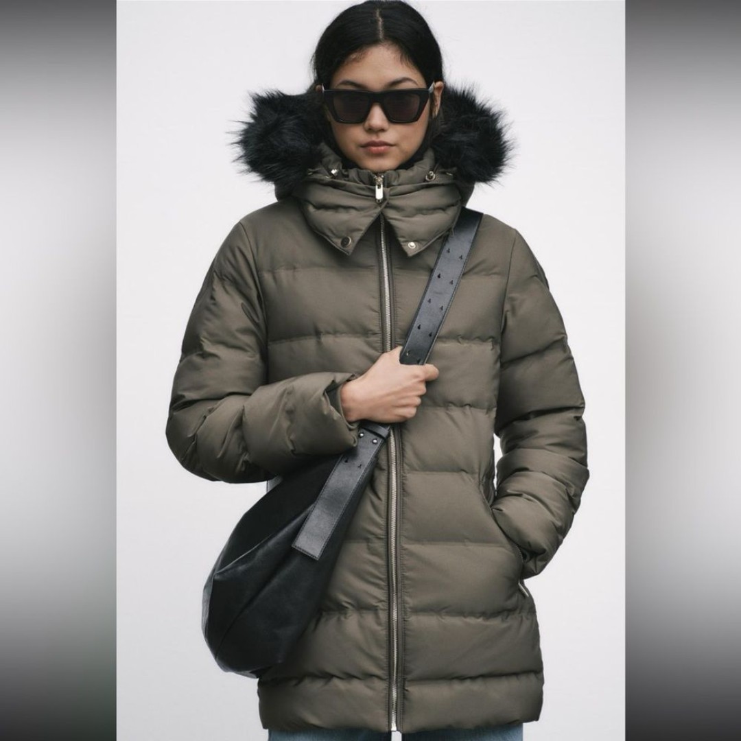 ZARA LONGLINE HOODED PUFFER FEATHER AND DOWN COAT with Faux Fur Trim