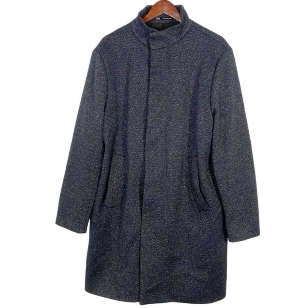 ZARA Men's Funnel Neck Top Pea Long Coat Navy Blue Tweed Knit Overcoat XL