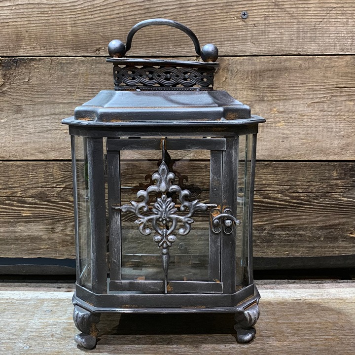 Vintage Iron Candle Lantern, Scroll Embellishments, Claw Feet, 11 x 7.25