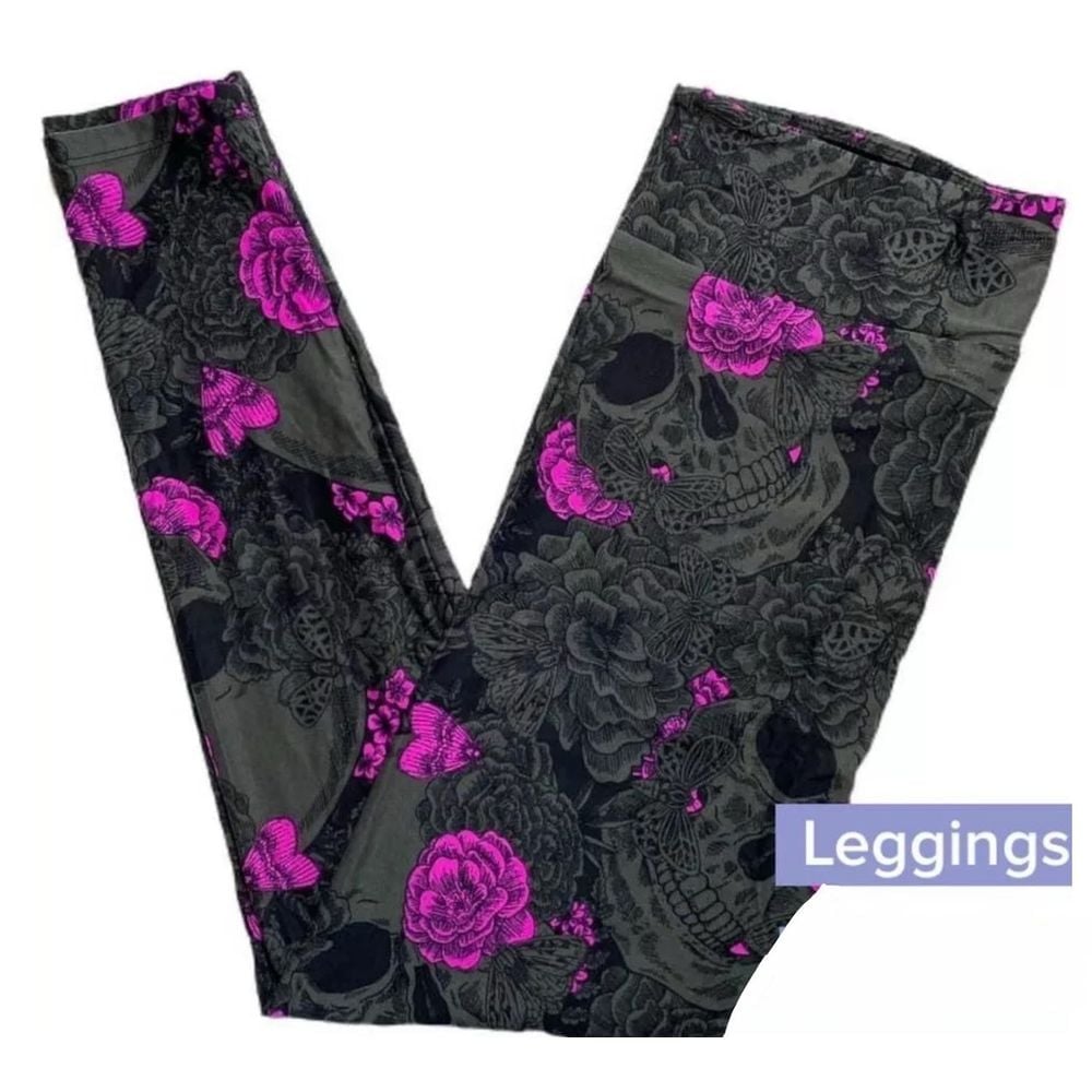 LuLaRoe Womens Leggings Size TC Gray Purple Floral Skulls Butterflies Roses NWT