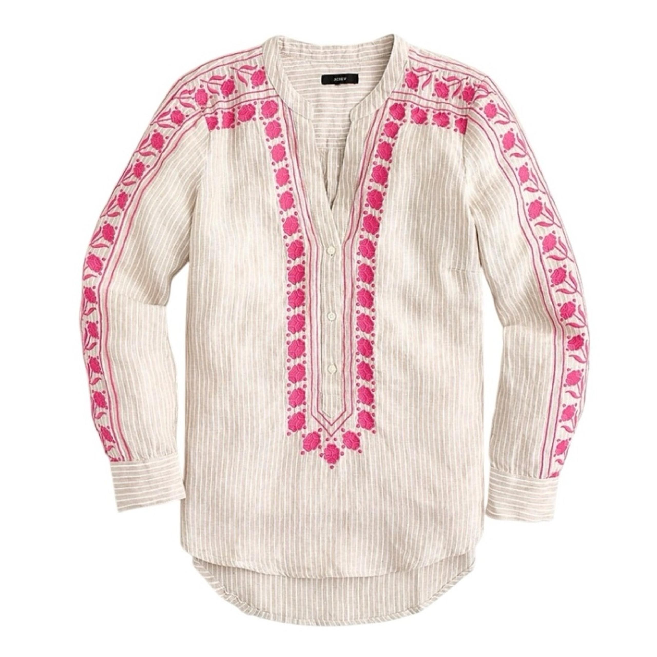 100% Linen Embroidered V-neck Long Sleeve in Stripe Tunic Women’s Sz S - J.Crew