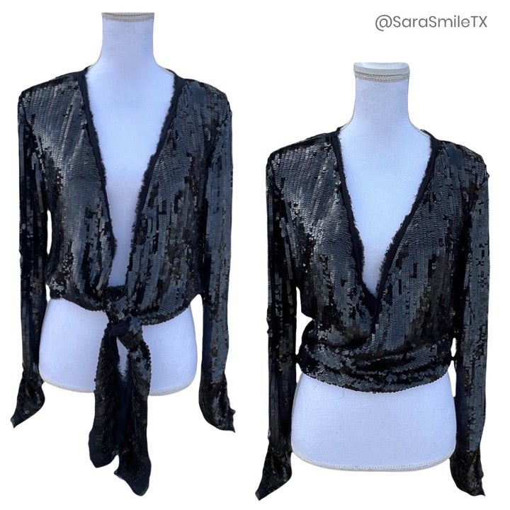 NWOT {CECILIA DE BUCOURT} Black Sequin Long Sleeve Wrap Top - Retail 425