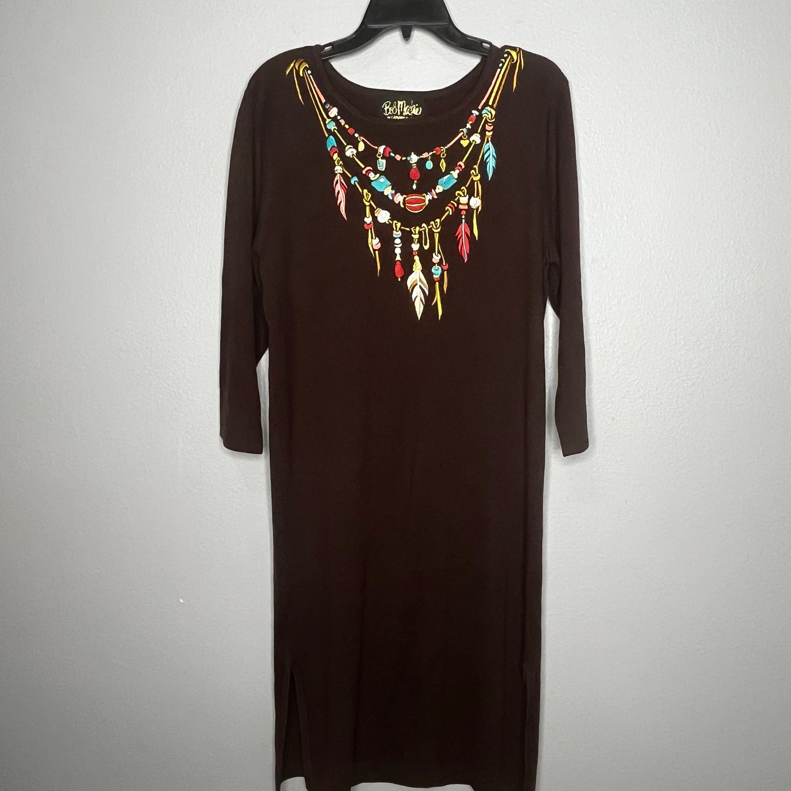 Bob Mackie Wearable Art Dress Women Medium Brown Embroidered Midi Slits NWT