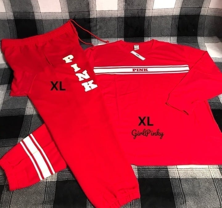 victoria secret PINK sweatpants & CAMPUS LOGO TEE IN RED VERMILION IN EXTRA LARGE
